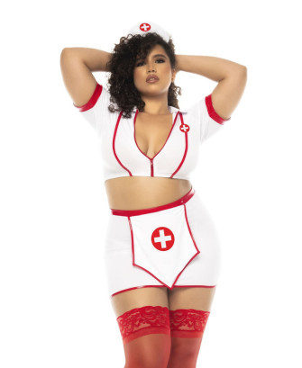 Costume infirmière 3 pièces grande taille, top avec zip fonctionnel, jupe et serre tête 